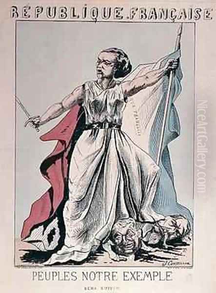 Personification of the French Republic as Louise Michel 1830-1905 trampling on the heads of Louis Adolphe Thiers 1797-1877 and Napoleon III 1808-73 - view 1