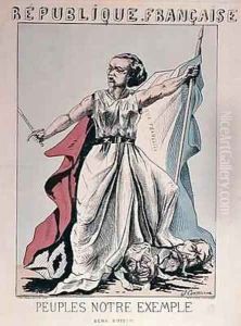 Personification of the French Republic as Louise Michel 1830-1905 trampling on the heads of Louis Adolphe Thiers 1797-1877 and Napoleon III 1808-73 by J. Corseaux