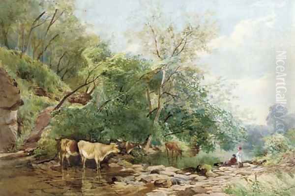 Cattle watering in a copse - view 1