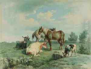 Cattle In A Sunlit Meadow by Frans Lebret