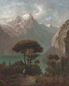 A figure on a beaten track by a lake, with mountains beyond A figure on a beaten track by a lake, with mountains beyond
