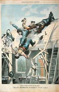 Three men falling from a roof Three men falling from a roof