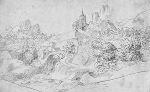 A mountainous landscape with a castle on an outcrop by Domenico Campagnola