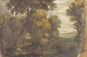Hunters shooting gamebirds in a wooded landscape by Gillis van Coninxloo