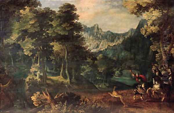 A tiger hunt in a forest, a valley beyond - view 1