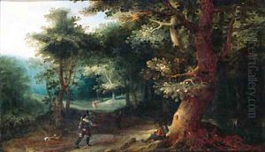 A sportsman and a traveller on a path in the wood by Gillis van Coninxloo