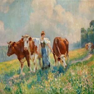 The Cows Are Being Brought Home For Milking by Raymond Louis Lecourt