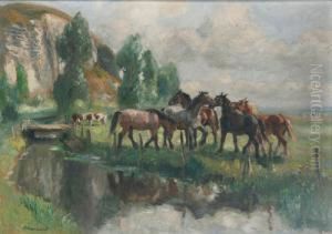Landschaft In Der Normandie - Pferde Und Kuhe Auf Der Weide Neben Einem Wasserlauf by Raymond Louis Lecourt