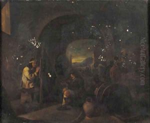 A painter at work in a grotto with shepherds and travellers nearby by Michelangelo Cerquozzi