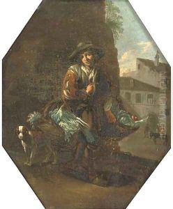 A vegetable seller with his dog, a town beyond by Michelangelo Cerquozzi