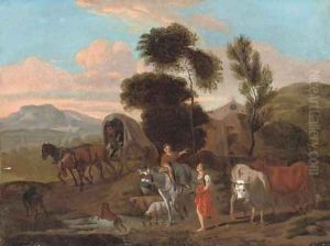An Italianate landscape with travellers by a stream by Michiel Carree