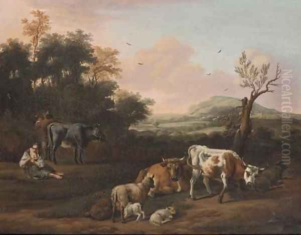 A drover, cattle and a shepherdess in an extensive landscape - view 1