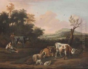 A drover, cattle and a shepherdess in an extensive landscape by Michiel Carree