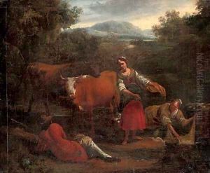 A river landscape with washerwomen conversing with a drover, his cattle beyond by Michiel Carree