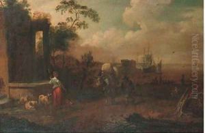 A Shepherdess and a muleteer by a wall, a harbour beyond by Michiel Carree