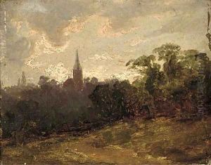 A wooded landscape with a church beyond by Thomas Churchyard