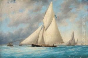 A French Regatta With A Racing Cutter Approaching The Finishing Line A French Regatta With A Racing Cutter Approaching The Finishing Line