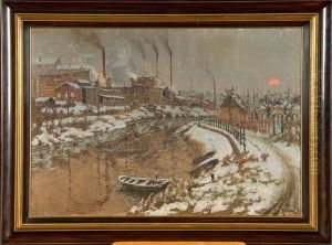Le Canal Du Centre A La Louviere Sous La Neige by Paul Leduc