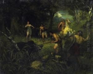 Wild Boar Hunt. Signed Bottom Right: Ferdinand Leeke Munchen by Ferdinand Leeke