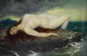 Frauenakt Auf Einem Felsen Im Meer Liegend, Von Tosendem Wasser Umgeben. by Ferdinand Leeke