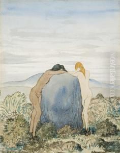 Two Nudes In Landscape by Derwent Lees