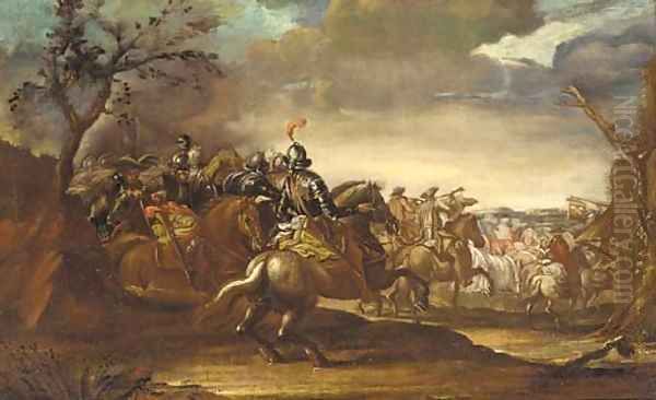 Cavalry marching by a country inn - view 1