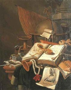 A Vanitas still life with an open book by Evert Collier
