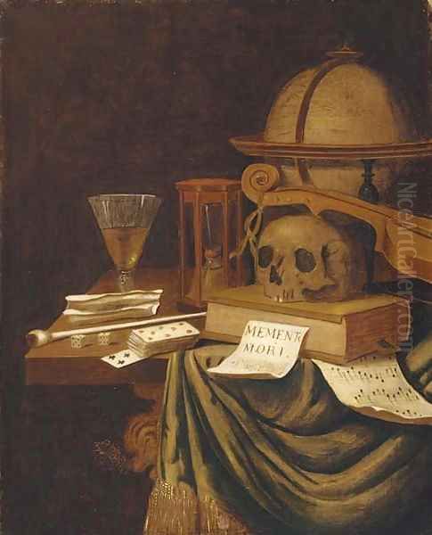 A vanitas still life, with a globe, an hour glass - view 1