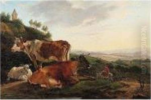 Landscape With Cattle And Sheep Resting, A Town Beyond by Jean-Francois Legillon