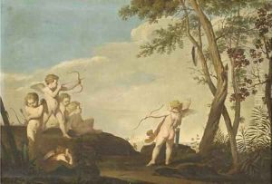 A Mediterranean landscape with putti firing arrows to a shield