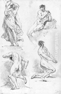 A nymph playing tambourine and three nudes