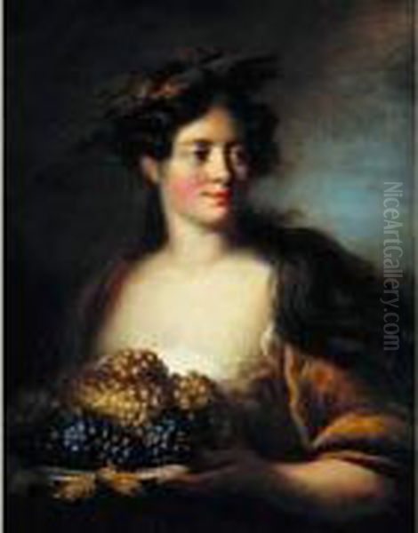 Portrait De Jeune Femme Tenant Une Corbeille De Raisin : Allegorie De L'automne - view 1