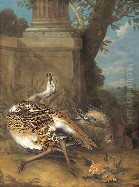 Dead birds by a plinth in a clearing - view 1