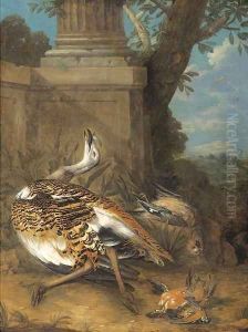 Dead birds by a plinth in a clearing