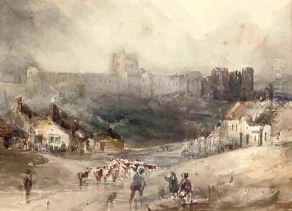 Droving cattle below Richmond Castle, Yorkshire - view 1