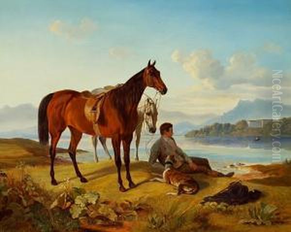 Southern European Landscape With Two Horses And A Rider Taking A Rest - view 1