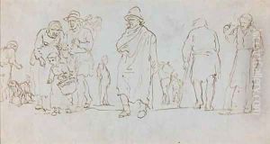 Differents personnages dont une fillette et un homme avec son chien by Luca Carlevarijs