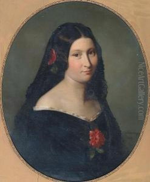 Portrait Of A Lady, Head And
Shoulders, Wearing Spanish-style Black Lace Headdress, Black Dress, And
Pink Rose In Her Hair And Corsage - view 1