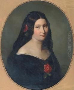 Portrait Of A Lady, Head And 
Shoulders, Wearing Spanish-style Black Lace Headdress, Black Dress, And 
Pink Rose In Her Hair And Corsage