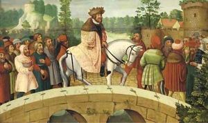A nobleman accompanied by peasants and burghers outside a town
