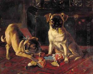 Trouble in store, two pugs by Margaret Collyer