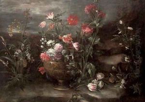 Carnations, tulips and roses in an urn in a rocky landscape by Margherita Caffi