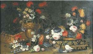 Roses, tulips and other flowers in a terracotta pot by Margherita Caffi