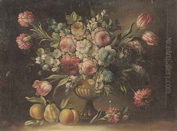 Roses, tulips, morning glory and other flowers in a sculpted urn on a stone ledge with pears - view 1