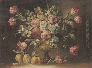 Roses, tulips, morning glory and other flowers in a sculpted urn on a stone ledge with pears