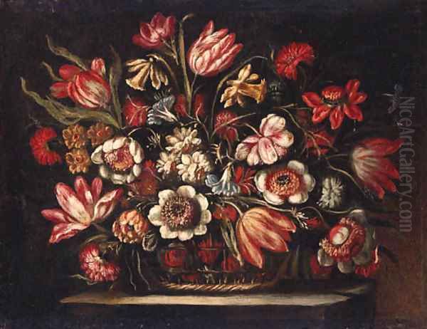Flowers in a basket on a stone ledge - view 1