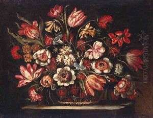 Flowers in a basket on a stone ledge by Margherita Caffi
