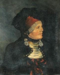 A Portrait Of An Elderly Woman Wearing A Red Cap by Wilhelm Leibl
