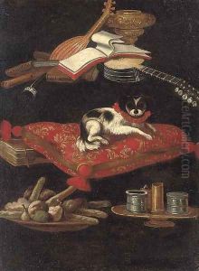 A spaniel on an embroidered cushion with a plate of sweetmeats by Pier Francesco Cittadini