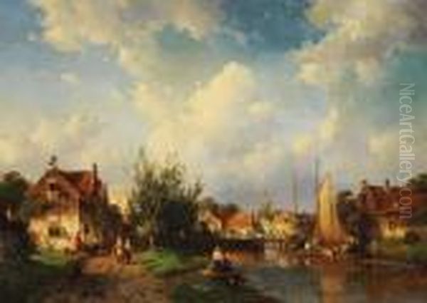 Geschaftiges Treiben Am Flussufer Eines Hollandischen Stadtchens - view 1
